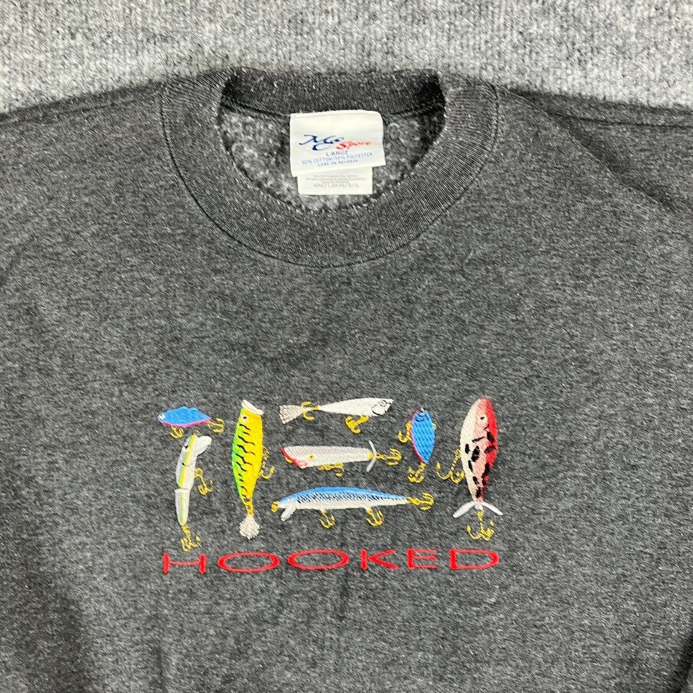 MCSport Sweatshirt Mens L Gray Hooked Fishing Graphic Crewneck Pullover